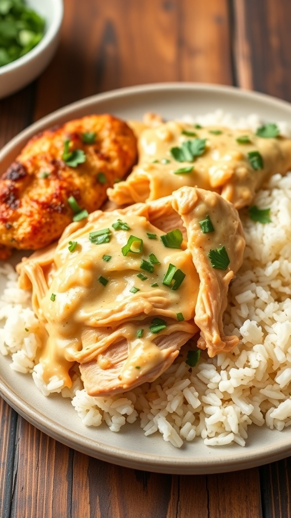 Creamy garlic parmesan chicken served on a plate with rice and garnished with parsley.